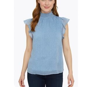 1.state tops blouse blue and white mock neck short sleeve flutter sleeve SZ S